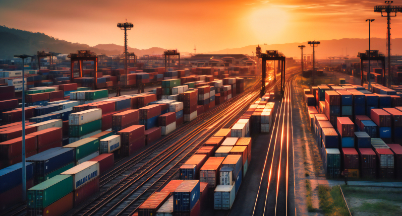 Shipping containers at sunset in a busy port, representing global logistics.